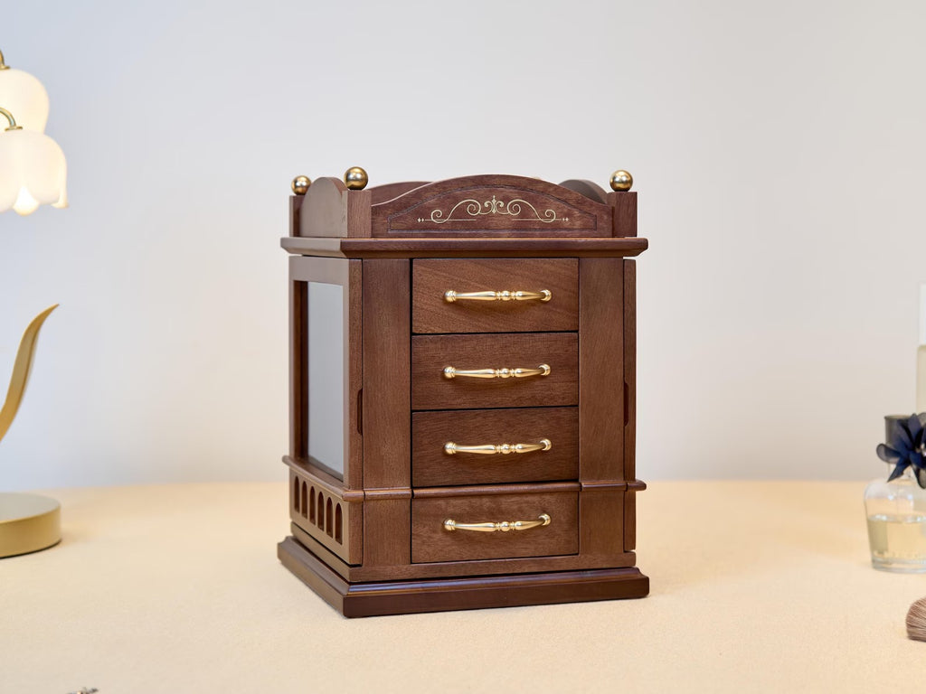 Rotatable Jewelry Box, Walnut Wooden Jewelry Box with drawers, Engraved Jewellery Storage, Custom Jewelry Organizer Box