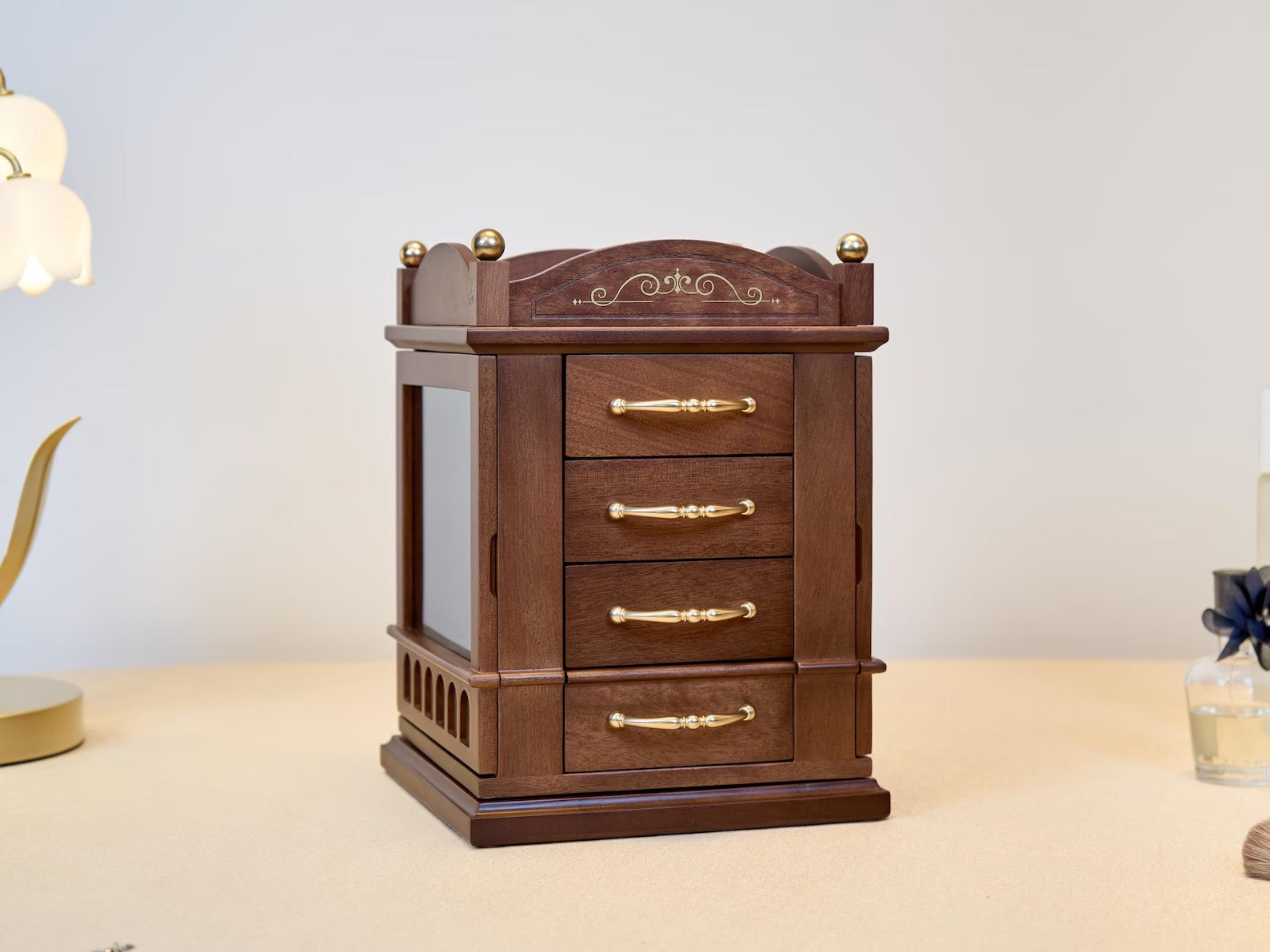 Rotatable Jewelry Box, Walnut Wooden Jewelry Box with drawers, Engraved Jewellery Storage, Custom Jewelry Organizer Box