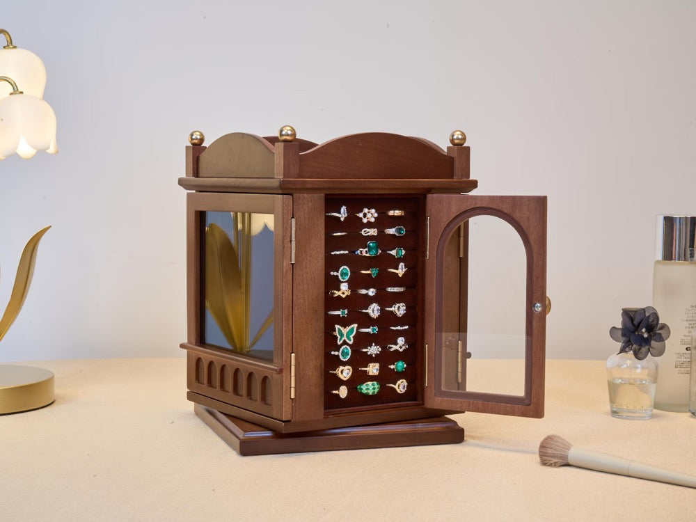 Rotatable Jewelry Box, Walnut Wooden Jewelry Box with drawers, Engraved Jewellery Storage, Custom Jewelry Organizer Box