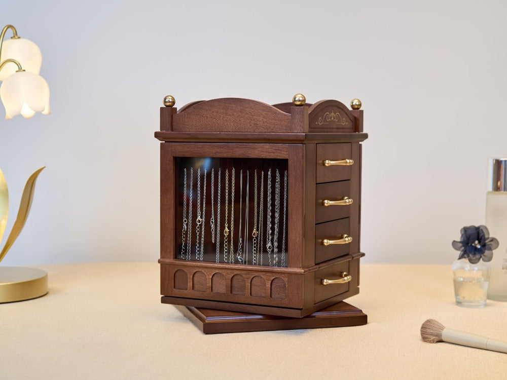 Rotatable Jewelry Box, Walnut Wooden Jewelry Box with drawers, Engraved Jewellery Storage, Custom Jewelry Organizer Box