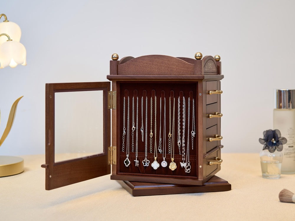 Rotatable Jewelry Box, Walnut Wooden Jewelry Box with drawers, Engraved Jewellery Storage, Custom Jewelry Organizer Box