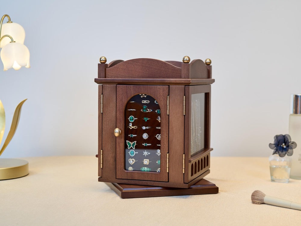 Rotatable Jewelry Box, Walnut Wooden Jewelry Box with drawers, Engraved Jewellery Storage, Custom Jewelry Organizer Box