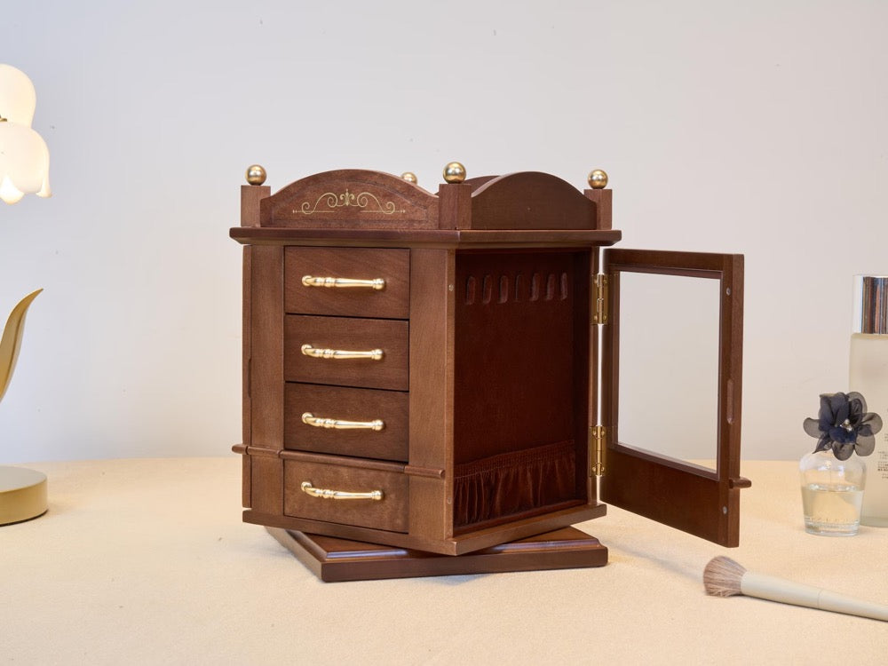 Rotatable Jewelry Box, Walnut Wooden Jewelry Box with drawers, Engraved Jewellery Storage, Custom Jewelry Organizer Box